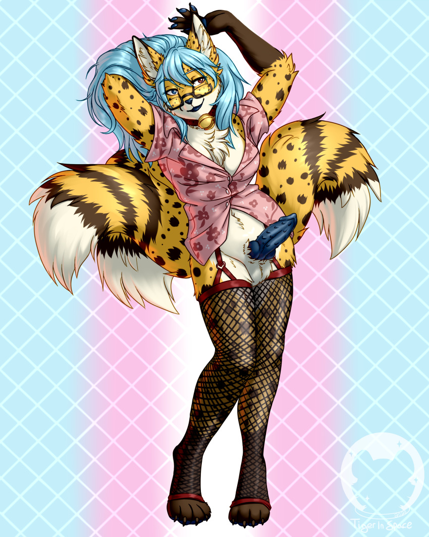 1futa 4:5 absurdres aloha_shirt animal_genitalia anthro arms_above_head bell blue_eyes blue_hair blue_nose blue_pawpads blue_penis breasts canid canine cheetah chest_tuft cleavage collar digitigrade erection eyewear felid feline fishnet fishnet_legwear fox furry futanari genitals glasses heterochromia highres hybrid hybrid_genitalia hybrid_penis knot lgbt_pride lgbt_pride_colors long_hair mammal multiple_tails neko_ed no_underwear pawpads penile_spines penis pride_colors red_eyes sheath solo solo_futa testicles thighhighs tigerinspace transgender_pride_colors tuft