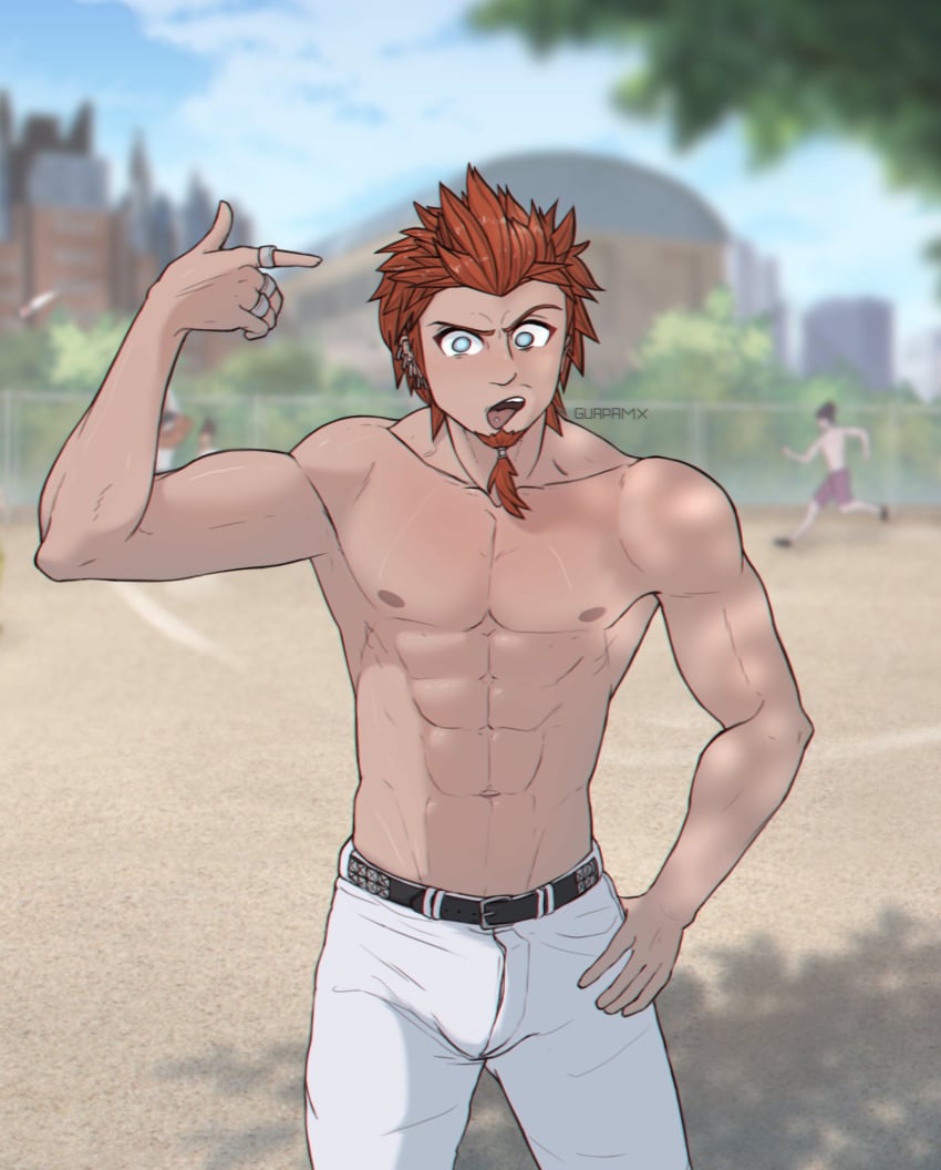 1boy abs angry asahina_aoi backround baseball baseball_uniform big_penis blue_eyes bulge danganronpa finger_gun half_dressed kuwata_leon male male_focus male_only momota_kaito oogami_sakura outside red_hair see-through_clothing shirtless smooth_skin sports sweat zipper