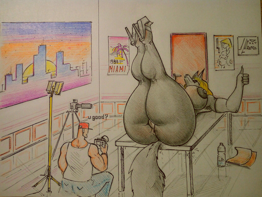 4:3 anthro anus boysa_228 camera canid canine clothed clothing duo female genitals gesture hi_res huge_ass huge_butt human larger_female legs_up lying male mammal nipples nude on_back pussy size_difference smaller_male thick_thighs thumbs_up