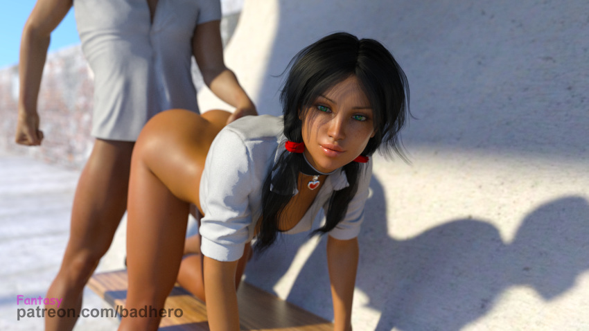 3d badhero big_breasts black_hair collar dark_hair doggy_style female green_eyes hetero long_hair nipples nude pale_skin schoolgirl tan-skinned_female tan-skinned_male watermark young