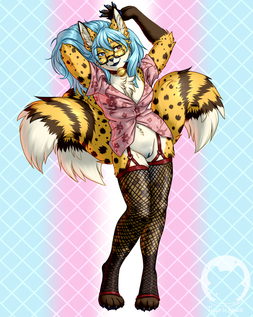 4:5 absurdres aloha_shirt anthro arms_above_head bell blue_eyes blue_hair blue_nose blue_pawpads blue_pussy breasts canid canine cheetah chest_tuft cleavage collar digitigrade eyewear felid feline female fishnet fishnet_legwear fox furry genitals glasses heterochromia highres hybrid lgbt_pride lgbt_pride_colors long_hair mammal multiple_tails neko_ed no_underwear pawpads pride_colors pussy red_eyes solo thighhighs tigerinspace transgender_pride_colors tuft