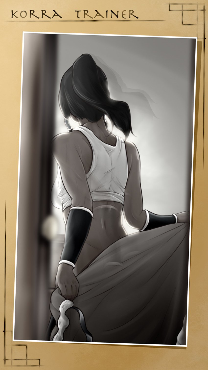 1girls avatar_legends big_breasts blue_eyes dark-skinned_female english_text female female_protagonist from_behind korra muscles photo sepia text the_avatar the_legend_of_korra underwear undressing water_tribe woorkvaza