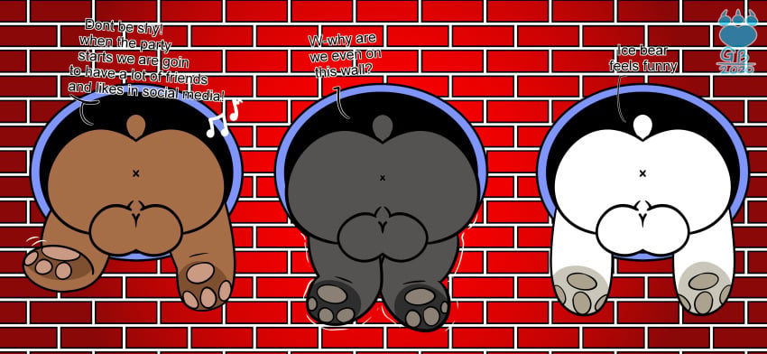 2020 absurd_res anthro anus ass balls black_body black_fur brown_bear brown_body brown_fur bunnybara cartoon_network english_text fur genitals giant_panda grizzly_(wbb) grizzly_bear group hi_res ice_bear male male_only mammal panda_(wbb) polar_bear text through_wall ursid ursine we_bare_bears white_body white_fur x_anus