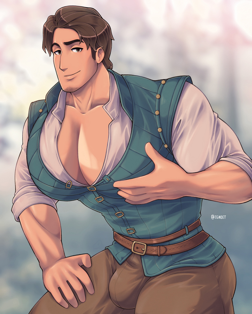 bara_tiddies bara_tits big_pecs eugene_fitzherbert flynn_rider ignoet male male_only no_visible_genitalia slutboy tangled