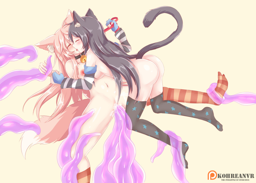 black_hair cat_ears cat_tail catgirl collar fox_ears fox_girl fox_tail kissing kohrean leash oathmeal pink_hair slime_monster tentacle tentacle_grab thick_thighs thighhighs vrchat yuri