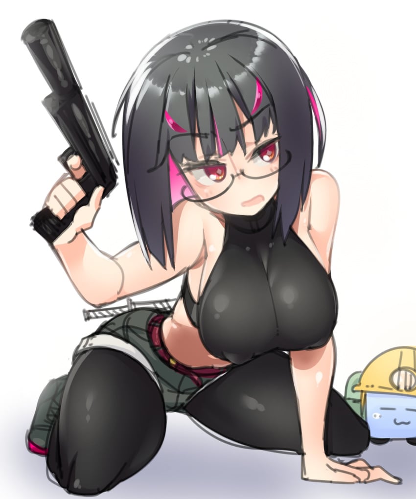 2018 black_hair clothing costume eyewear female firearm frown glasses gun handgun human large_breasts megane pale_skin red_eyes red_hair rignetta's_adventure rignetta_(character) super_mican_(artist) suppressor two_tone_hair weapon