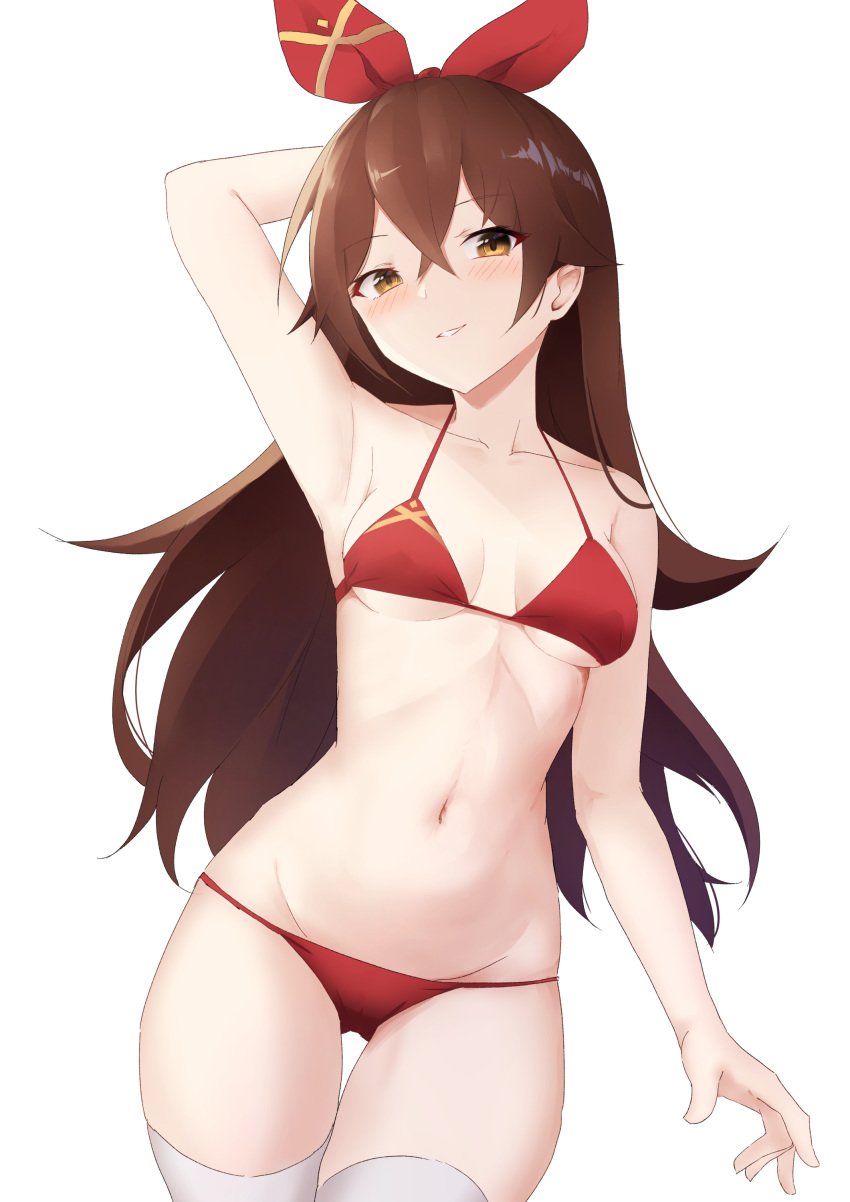 1girls amber_(genshin_impact) bikini brown_hair danraz0r female genshin_impact hairband long_hair ribbon small_breasts solo thighhighs thighs thin_waist