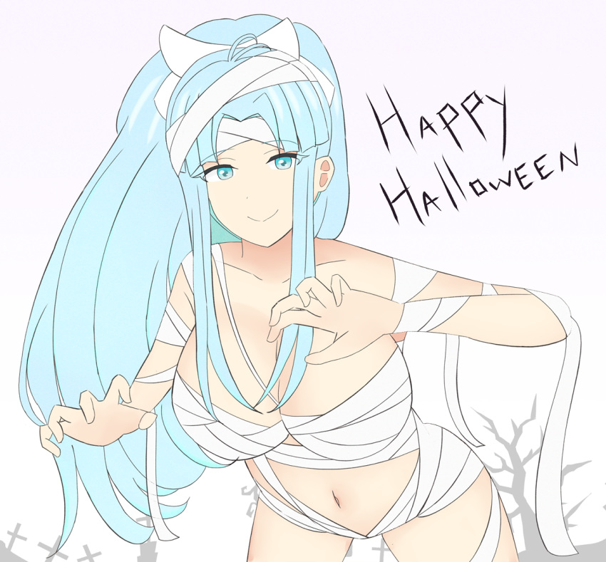 1girls blue_eyes blue_hair camelot costume estherelaitea female_only golden_sun hair_ribbon halloween halloween_costume high_ponytail holidays large_breasts light_skin long_hair looking_at_viewer mia_(golden_sun) mummy mummy_costume nintendo ponytail smile text tree very_long_hair