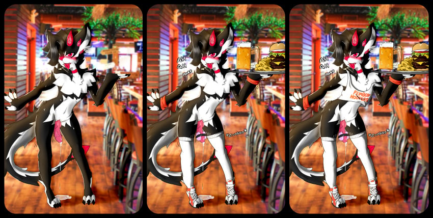 absurd_res alcohol bartender beer beverage black_body black_fur bodily_fluids burger cat_dragon cum cum_on_ground english_text femboy_hooters food fur furry genital_fluids genitals girly hi_res horn hybrid izanagi_rockman looking_pleasured moan penile penis photo_background precum red_horn ryuzagi sex_toy text vibrator vibrator_on_penis white_body white_fur