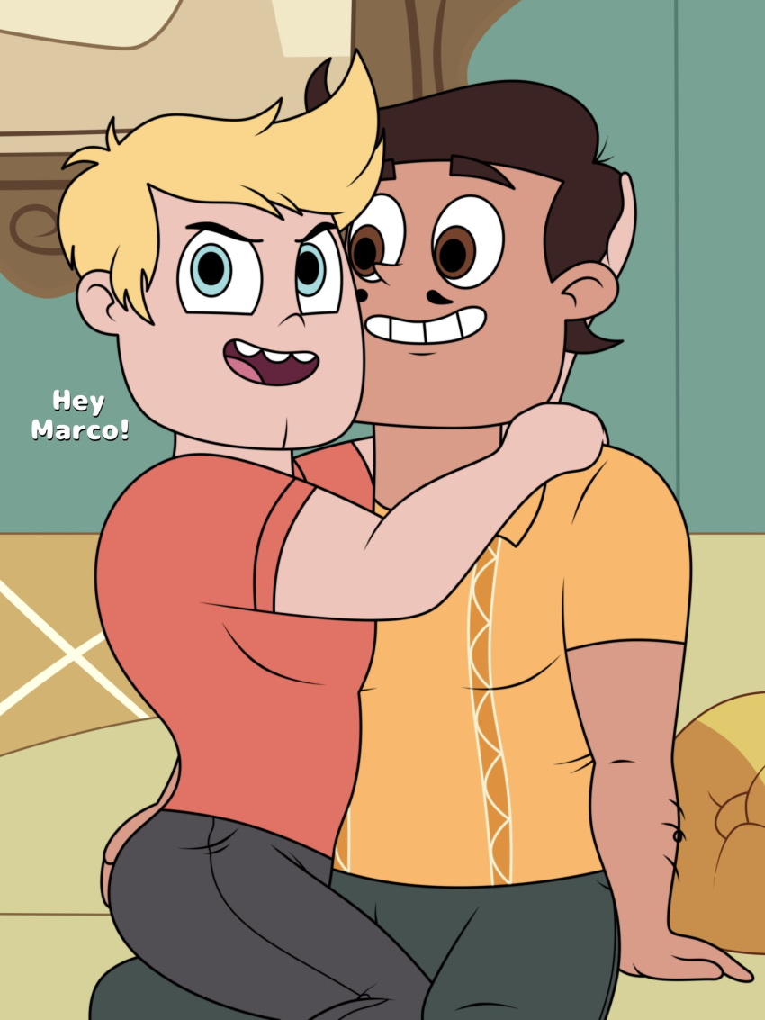 2boys age_difference blonde_hair blue_eyes brown_hair burlydan cheating cheating_husband clothed cuddle dad daddy facial_hair father gay grabbing_ass hugging interracial justin_armberg looking_at_another looking_at_partner male/male male_only rafael_diaz sitting_on_sofa smile star_vs_the_forces_of_evil tagme text younger_male