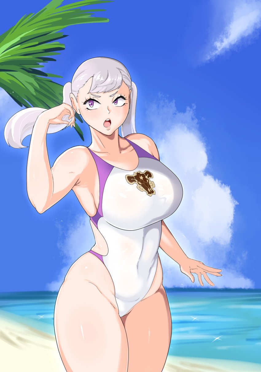 1girls beach black_bulls black_clover branding_mark breasts clothed female female_only front_view hair_flip hourglass_figure large_breasts linkxs looking_away noelle_silva one-piece_swimsuit open_mouth pose purple_eyes royalty silver_hair teeth thick_thighs thighs tongue twintails water wide_hips