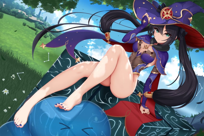 >_< 1girls alternate_version_available ass barefoot black_hair blue_cape blue_clothing blue_eyes blue_headwear blue_leotard blue_slime breasts cape damao_yu day detailed_background eyebrows_visible_through_hair feet foot_on_head genshin_impact gold_trim hand_on_headwear highleg highleg_leotard knee_up legs legs_up leotard long_hair medium_breasts mona_(genshin_impact) nails painted_nails partially_clothed partially_nude sitting sky slime slime_(genshin_impact) solo solo_female thighs twintails v-shaped_eyebrows very_long_hair