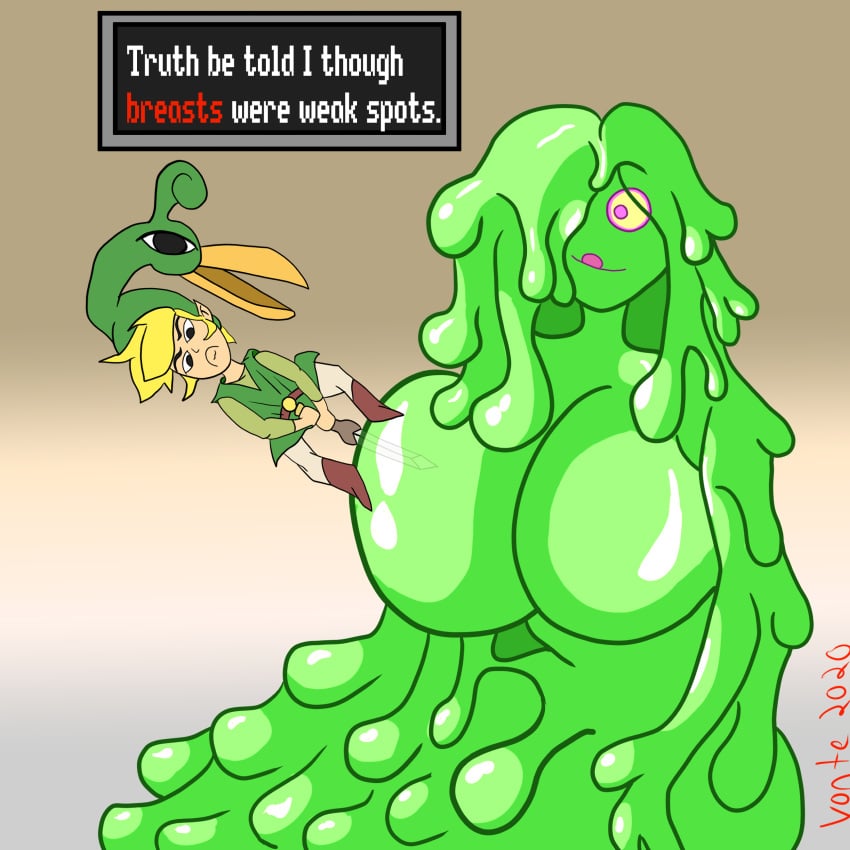 big_breasts blonde_hair dialogue link monster_girl purple_eyes see-through slime slime_girl smile sword the_legend_of_zelda toon_link vontesofine69