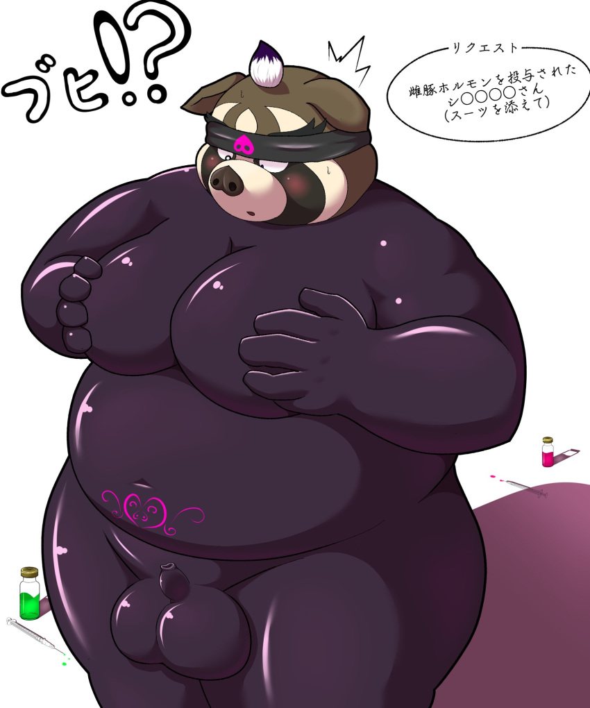 2020 anthro balls big_balls big_balls_small_penis blush bodysuit canid canine clothing domestic_pig genitals hi_res hisashiyo_0705 humanoid_hands japanese_text kemono live-a-hero male male_only mammal moobs overweight overweight_male penis raccoon_dog shoen_(live_a_hero) skinsuit small_penis solo suid suina sus_(pig) tanuki text tight_clothing video_games