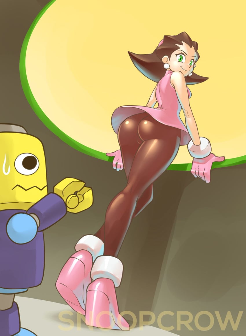 1girls ass capcom clothed clothing female gloves green_eyes long_legs looking_at_viewer looking_back low-angle_view mega_man mega_man_legends pantyhose rear_view servbot smile snoopcrow tights tron_bonne underling