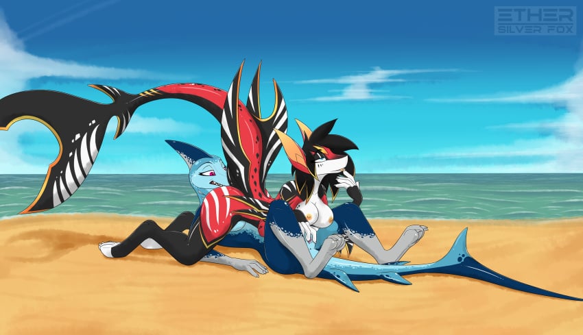 absurd_res anthro beach duo ether-0 female female/female fish hi_res marine nude oral outside sand seaside sex shark water yuri