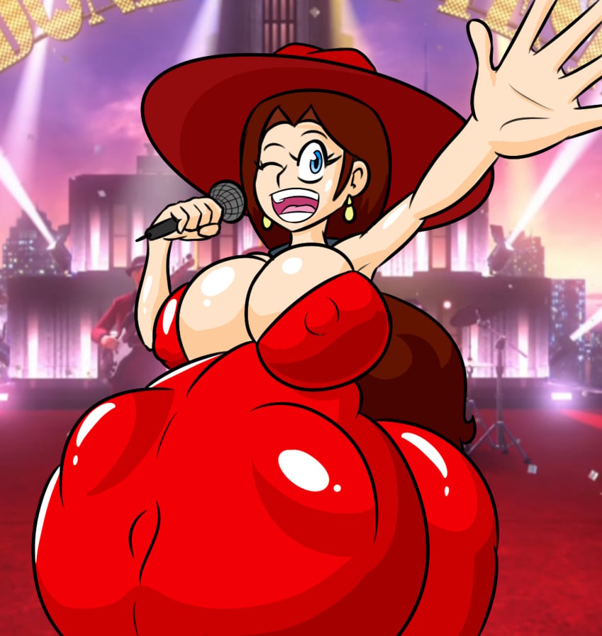 1boy 2girls bursting_breasts clothed huge_belly huge_breasts mario mario_(series) mr.casino nintendo nipple_bulge pauline safe_vore singing super_mario_odyssey vore