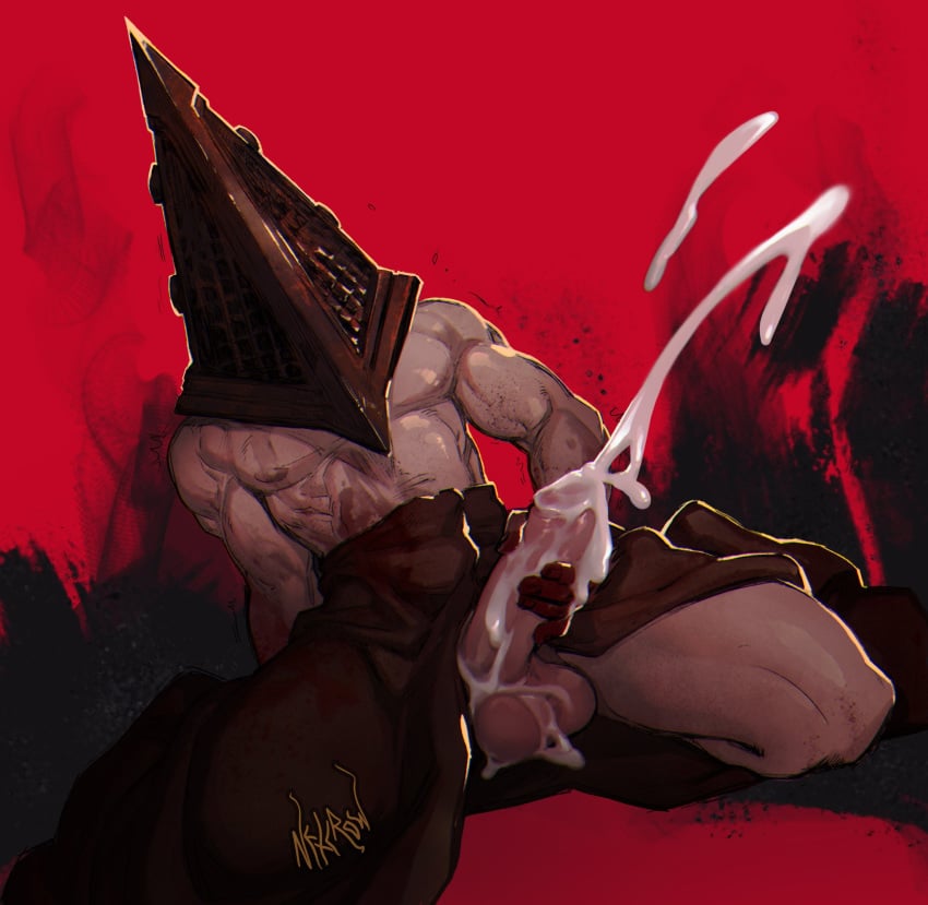 big_penis cum cumshot ejaculation erection helmet male_only masturbation muscular_male netcrow98 pyramid_head red_background silent_hill silent_hill_homecoming solo topless topless_male uncensored