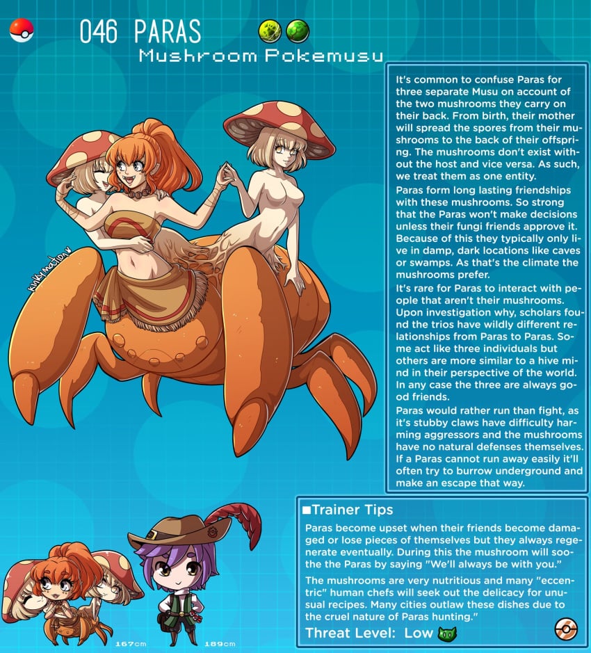 1boy 3girls creature_index english_text highres humanized kinkymation mushroom mushroom_humanoid nintendo page_46 page_number paras pokémon_(species) pokemon pokemon-girl_encyclopedia pokemorph pokemusu profile smile text text_box wholesome