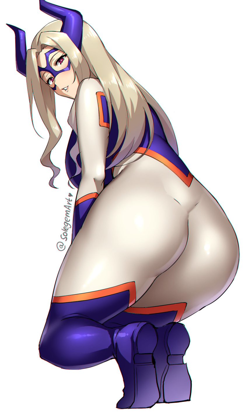 1girls ass big_ass bodysuit breasts curvy_figure female female_superhero horns long_hair mask mount_lady my_hero_academia red_eyes sideboob sole_gem superheroine thick_thighs thighs tight_clothing white_background yuu_takeyama