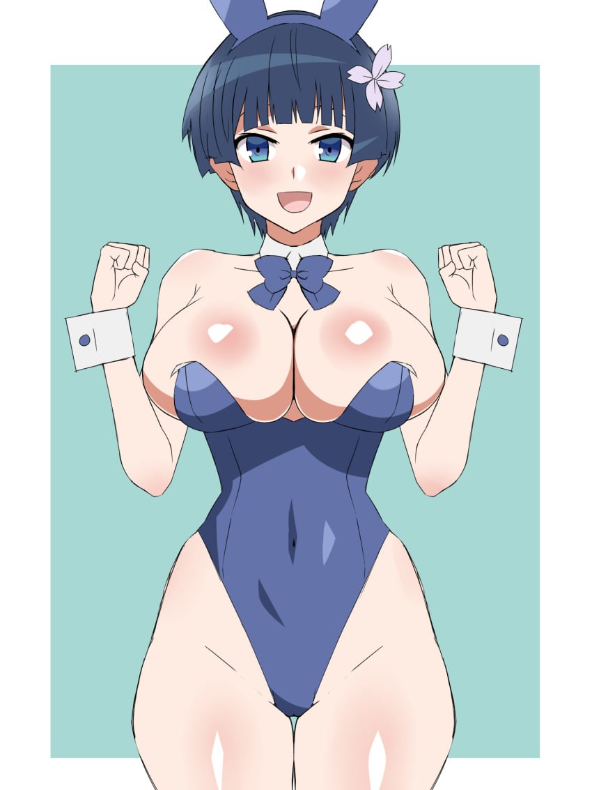 1girls blue_hair blush bunnysuit cleavage clothing flower kagemusha large_breasts senran_kagura senran_kagura_(series) short_hair solo sweat yozakura_(senran_kagura)