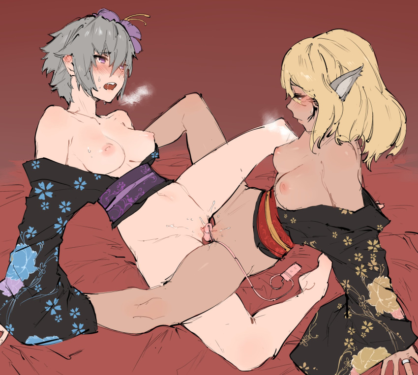 2girls animal_ears bare_shoulders barefoot black_kimono blonde_hair blush breasts celica_(xenoblade_x) collarbone commentary cross_(xenoblade_x) dark_skin english_commentary flower grey_hair hair_between_eyes hair_flower hair_ornament highres japanese_clothes jewelry kenshin187 kimono long_sleeves medium_breasts multiple_girls obi open_mouth original original_character purple_eyes pussy pussy_juice ring sash sex_toy short_hair sleeves_past_wrists sweat tribadism vibrator xenoblade_(series) xenoblade_chronicles_x yuri