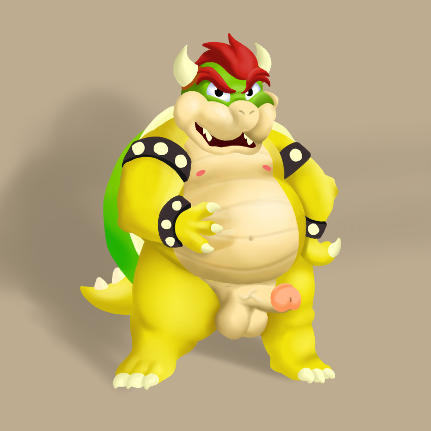 1:1 absurd_res anthro balls belly bowser digital_media_(artwork) erection genitals hi_res horn humanoid_genitalia humanoid_penis koopa looking_at_viewer male male_only mario_(series) moobs navel nintendo nipples nude open_mouth overweight overweight_anthro overweight_male penis scalie sibluself simple_background smile solo spikes video_games