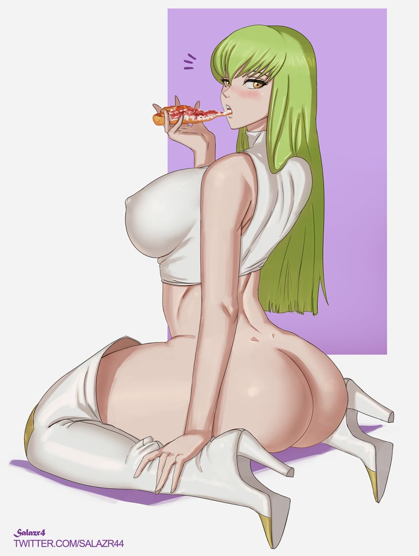 1girls artist_name artist_on_twitter ass ass_focus big_ass big_butt blush blushing blushing_at_viewer boots booty bottomless breasts_bigger_than_head butt c.c. casual clothing code_geass curvy_figure dat_ass erect_nipple erect_nipples_under_clothes eyelashes fantasy feet female female_focus female_only green_hair hand_on_ankle hanging_breasts heels hentai_foundry high_heel_boots highres holding_food holding_pizza huge_ass huge_butt human innocent large_ass legwear light_makeup long_eyelashes long_hair long_legs looking_at_viewer model modeling nipple_bulge no_panties pale_skin parody pizza purple_background salazr4 sci-fi shiny_skin shoe_soles sideboob sitting slim_waist soles solo stacked tight_clothing tight_fit twitter_username white_background white_boots yellow_eyes