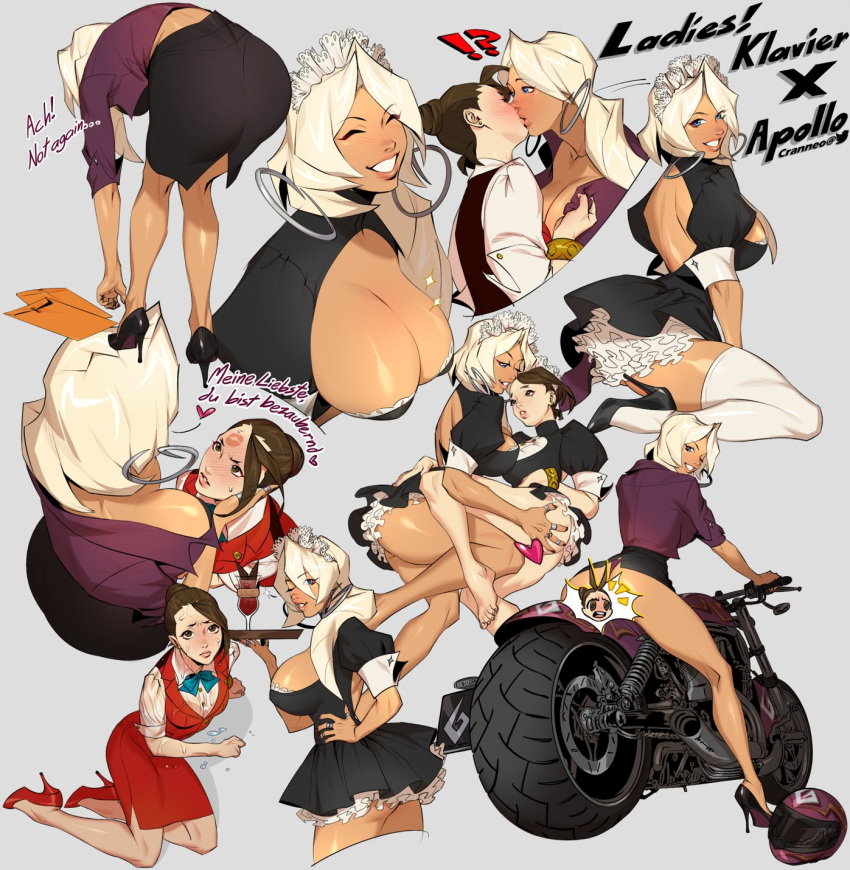 2girls apollo_justice ass blonde_hair blush brown_hair censored cleavage cranneo dark-skinned_female dark_skin earrings female female_only gyakuten_saiban height_difference hoop_earrings klapollo klavier_gavin large_breasts maid maid_uniform nonude ring rule_63 thumb_ring waitress