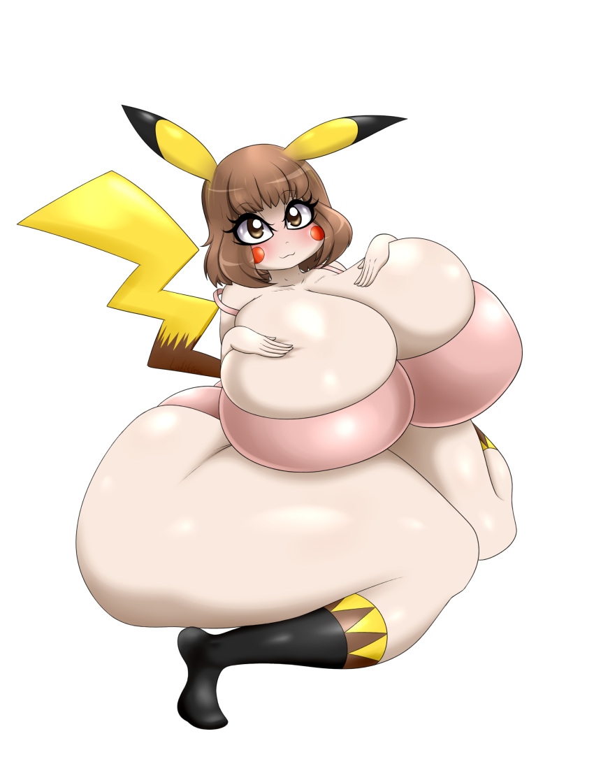 ass breasts brown_eyes brown_hair cleavage cosplay female female_focus female_only half-dressed hands_on_breasts hands_on_own_chest hips human humanized humanized_pokemon large_ass large_breast large_butt luditima nintendo on_knees pikachu pikachu_(cosplay) pokémon_(species) pokemon pokemon_(cosplay) short_hair stockings thick_thighs thighs underwear wide_hips