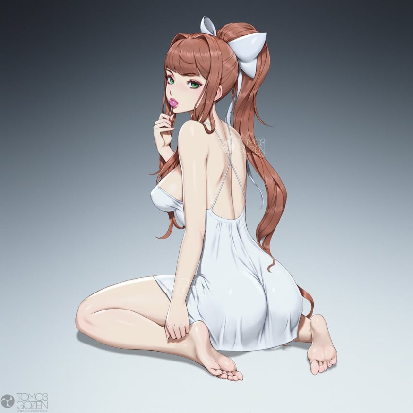 1girls ass bubble_ass bubble_butt curvy doki_doki_literature_club dress feet female_only hourglass_figure kneeling large_breasts lips lollipop long_hair monika_(doki_doki_literature_club) night_gown pinup ponytail sideboob solo zeronis