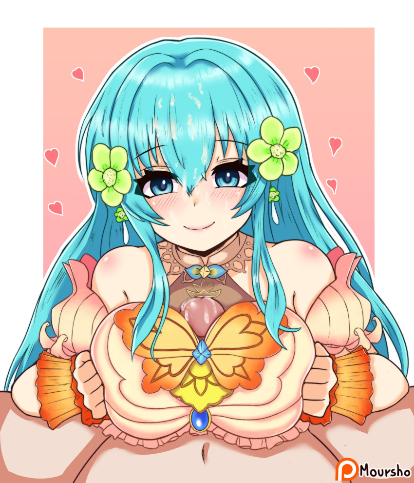 1boy 1girls alternate_breast_size big_breasts blue_eyes blue_hair blush breasts clothed_female_nude_male cute eirika_(fire_emblem) eye_contact fire_emblem fire_emblem:_the_sacred_stones fire_emblem_heroes happy happy_paizuri happy_sex large_breasts light-skinned_female light-skinned_male light_skin long_hair male_pov moursho nintendo paizuri paizuri_lead_by_female paizuri_on_lap paizuri_under_clothes pov precum smile straight