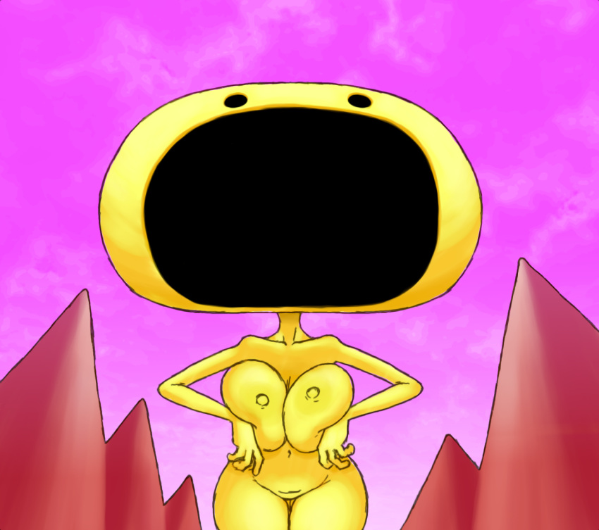 2020 big_breasts big_head big_mouth_(anatomy) breasts eyeless female genitals holding_breast humanoid male mountain mountain_range nude open_mouth outside purple_sky pussy shirtbusters solo tagme thick_thighs unknown_species wide_hips yellow_body yellow_skin