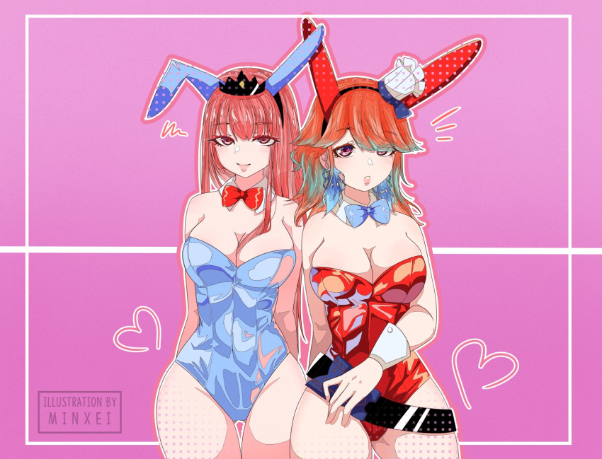 2020 2girls animal_ears arms_behind_back artist_name ass_visible_through_thighs bangs bare_shoulders belt bow bowtie breasts bunny_ears bunny_girl bunnysuit chef_hat cleavage clothing covered_navel crown eyebrows_visible_through_hair eyes_visible_through_hair fake_animal_ears female female_only gradient_hair green_hair hair_ornament hairband heart highres hololive hololive_english hololive_myth large_breasts leotard lips long_hair looking_at_viewer minxei mori_calliope multiple_girls neckerchief orange_hair pink_background pink_eyes pink_hair polka_dot purple_hair smile standing takanashi_kiara teeth thick_thighs thigh_gap thighs virtual_youtuber watermark wide_hips