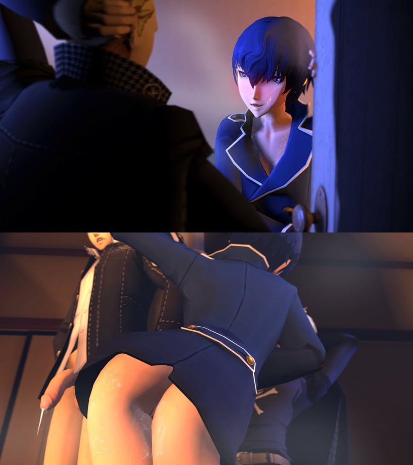 1girls 2boys 3d after_sex amateurthrowaway ass atlus blue_hair cheating cum kanji_tatsumi narukami_yu persona persona_4 shirogane_naoto short_hair tatsumi_kanji upskirt