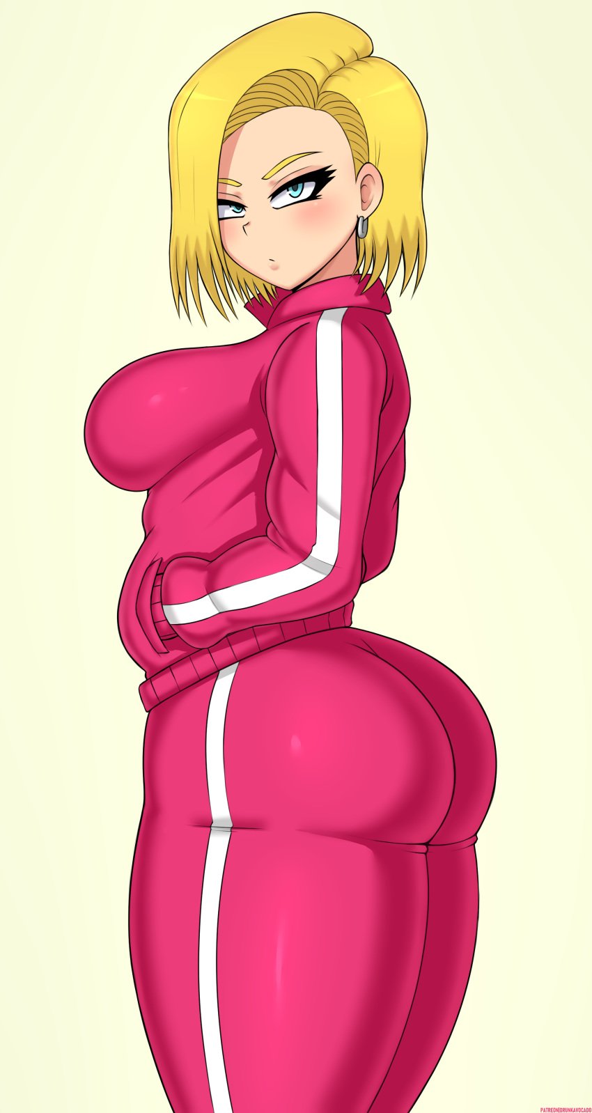 1girls android_18 big_breasts blonde_hair dragon_ball dragon_ball_super drunkavocado earrings female_only jacket looking_at_viewer short_hair tagme track_jacket track_pants track_suit