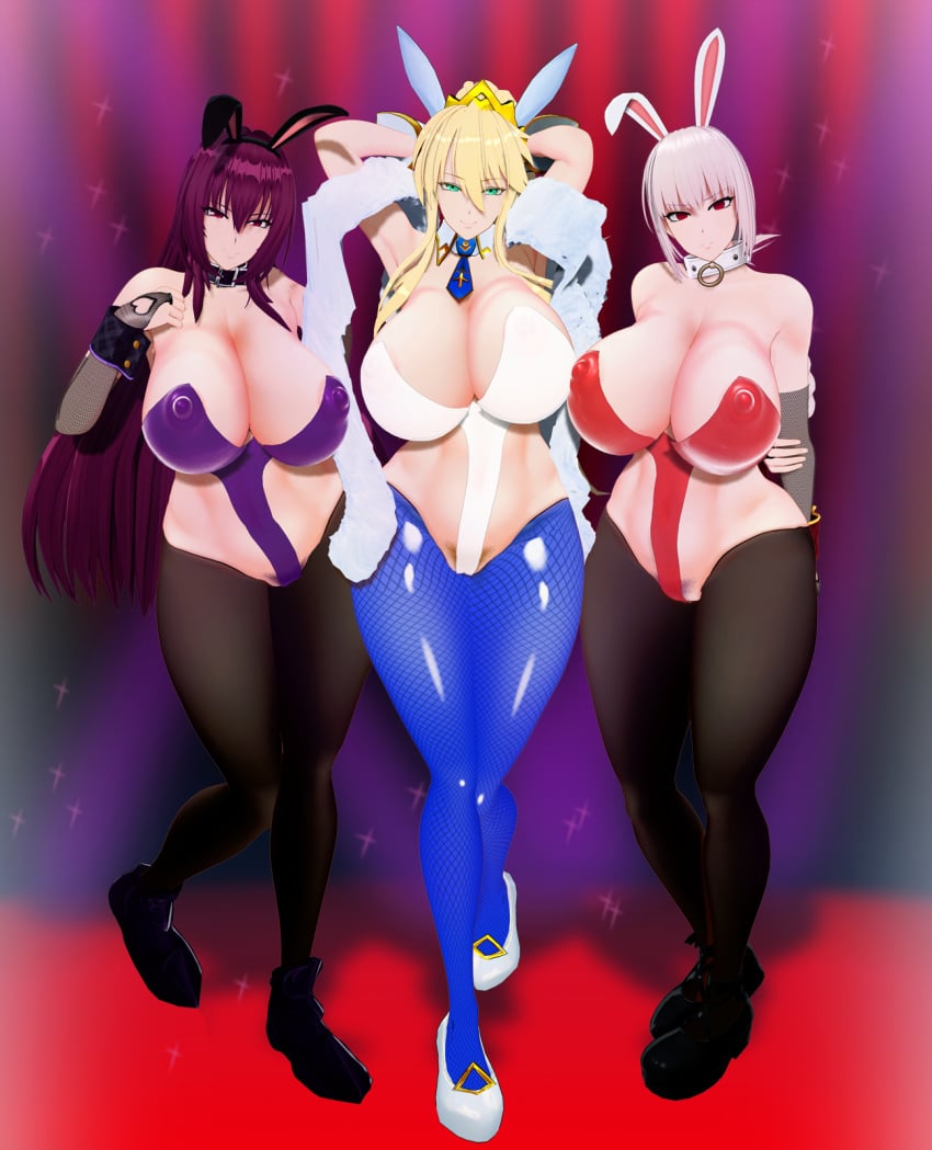 3girls artoria_pendragon artoria_pendragon_(swimsuit_ruler) big_thighs black_collar black_ears black_thigh_highs black_thighhighs blonde_hair blue_thighhighs blue_tie breasts bunny_ears bunny_girl bunnysuit collar crown cuffs curtains curvaceous curvy curvy_female curvy_figure erect_nipples fate/extra fate/grand_order fate/stay_night fate_(series) fishnets florence_nightingale_(fate) green_eyes hands_behind_back hands_on_breasts large_breasts long_hair looking_at_viewer negakura_imu nipples nipples_visible_through_clothing pantyhose pink_hair posing pov pubic_hair pubic_hair_peek purple_eyes purple_hair red_background red_curtains red_eyes red_floor scathach_(fate) scathach_(swimsuit_assassin) seductive seductive_look shirt_collar stage standing thick_thighs thighhighs tie tied_hair voluptuous white_collar white_ears