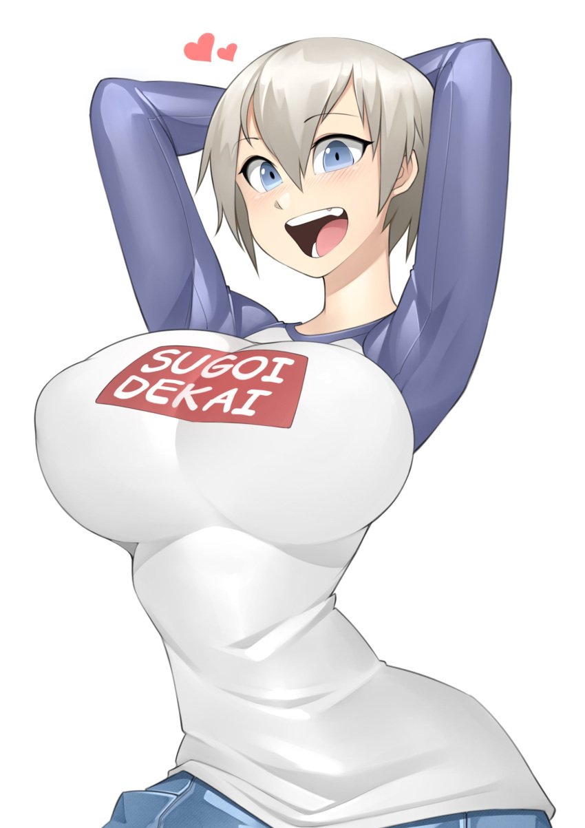 1girls arms_behind_head artist_name artist_on_twitter blue_eyes blush breasts breasts_bigger_than_head casual female female_focus female_only fully_clothed grey_hair happy hearts huge_breasts jeans large_breasts looking_at_viewer nipples_bulge open_mouth posing roadi3 short_hair simple_background slender_waist slim_waist solo solo_focus sugoi_dekai tight_clothes tight_clothing tight_fit twitter uzaki-chan_wa_asobitai! uzaki_hana white_background