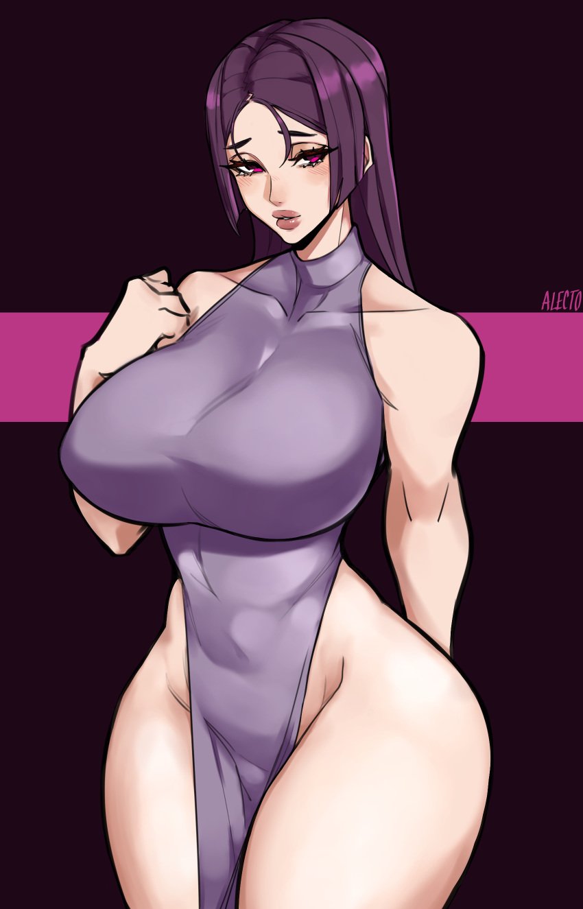 1girls alecto_0 artist_on_twitter fate/grand_order fate_(series) female female_focus female_only highres huge_breasts long_hair looking_at_viewer minamoto_no_raikou_(fate/grand_order) purple_hair simple_background solo_focus stacked_lady standing thick_thighs twitter twitter_username v_shape