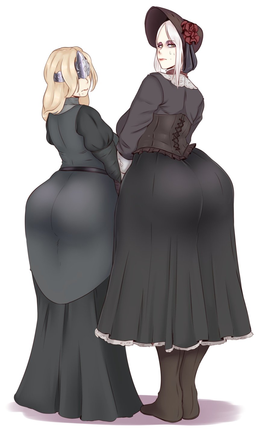 2girls alternate_breast_size ass ass_in_dress back back_view big_ass black_clothes blonde_hair bloodborne blush bottom_heavy clothed_sex dark_souls dark_souls_3 dress female female_only fire_keeper fromsoftware fully_clothed green_eyes highres huge_ass large_ass looking_at_viewer looking_back mask plain_doll sunnysundown thick_thighs white_hair wide_hips