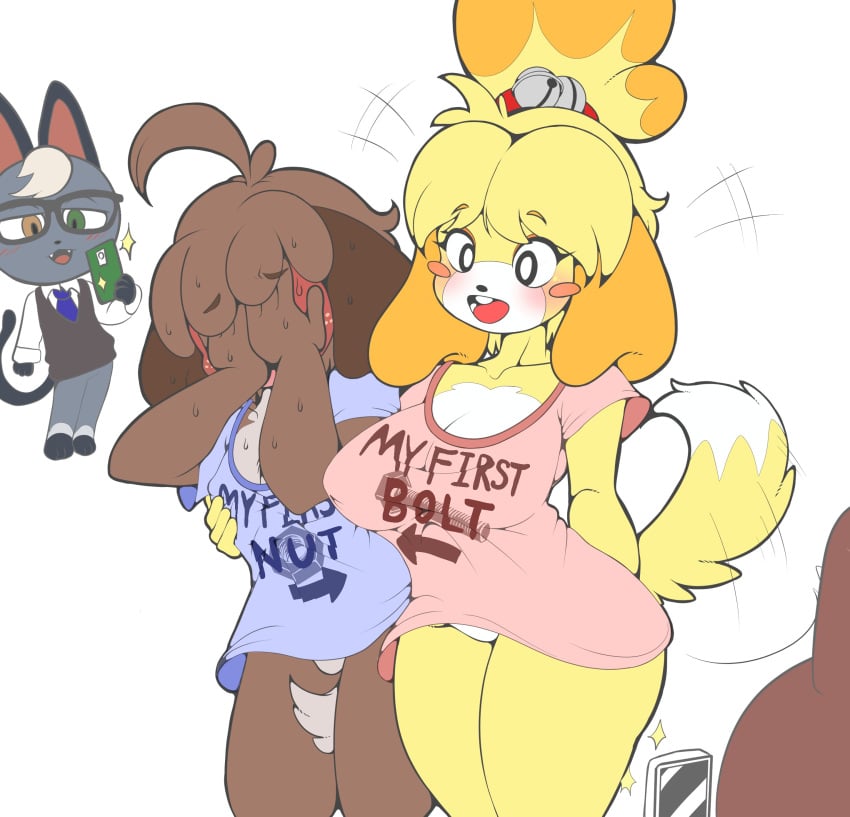 absurd_res animal_crossing anthro bell big_breasts blush bottomless breasts brother brother_and_sister canid canine canis cleavage clothed clothing covering covering_face digby_(animal_crossing) domestic_cat domestic_dog embarrassed featureless_crotch felid feline felis female group hi_res huge_breasts implied_incest incest isabelle_(animal_crossing) male male/female mammal nintendo nipple_outline phone raymond_(animal_crossing) shih_tzu shirt shirt_only sibling sister smile spitz tail tail_motion tailwag thick_thighs tod_d topless topwear topwear_only trio vest