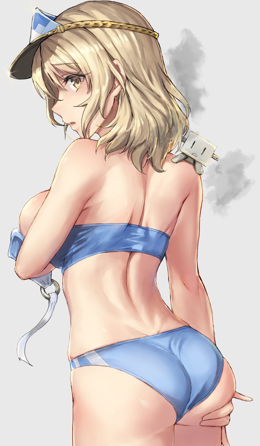 1girls ass ass_grab ass_support back bangs big_breasts bikini blonde_hair blue_bikini blush breasts female female_only from_behind grey_background highres houston_(kantai_collection) kantai_collection kokuzou large_breasts looking_at_viewer looking_back medium_hair open_mouth sideboob solo solo_female swimsuit thighs untied untied_bikini visor_cap yellow_eyes