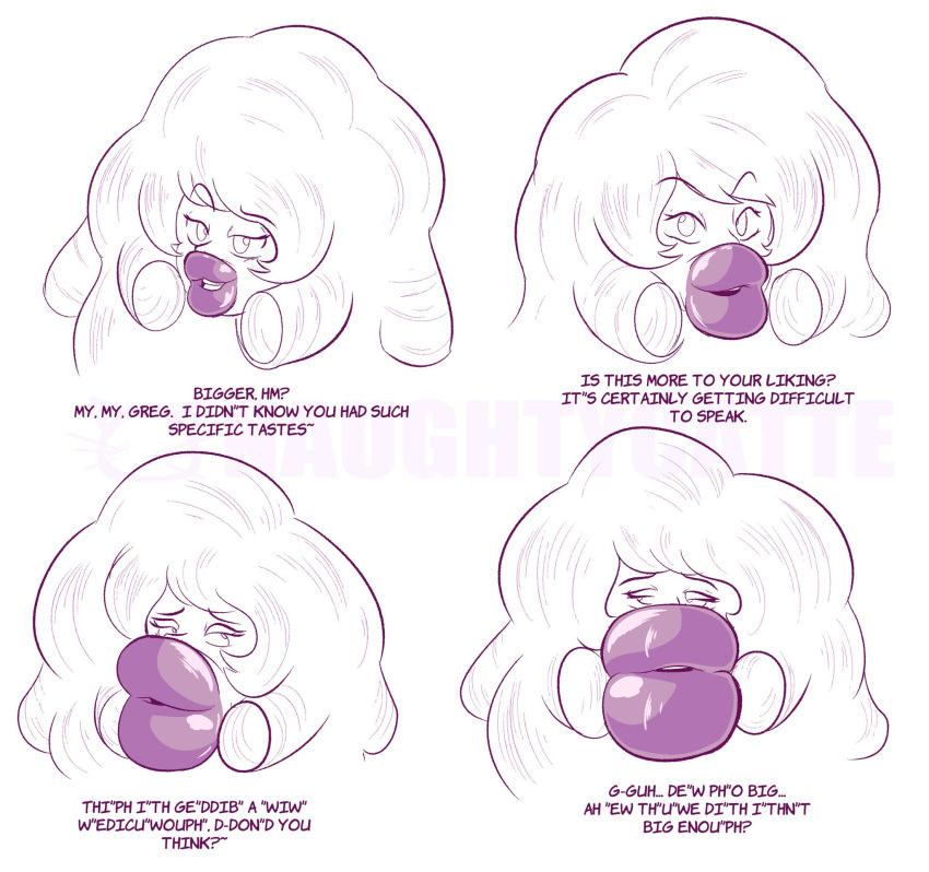 1girls big_lips cartoon_network cosmofatte greg_universe huge_lips hyper hyper_bimbo hyper_lips incoherent_dialog lip_expansion lips_bigger_than_head lipstick looking_at_another looking_away pillostik rose_quartz_(steven_universe) steven_universe sunsleptos