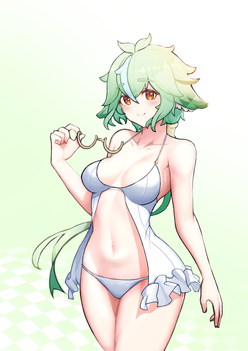 bare_shoulders blush bra collarbone cute engineer_kim eyewear female genshin_impact glasses glasses_removed green_hair hand_up highres long_hair looking_at_viewer messy_hair navel orange_eyes panties short_hair smile solo solo_female sucrose_(genshin_impact) swimsuit thick_thighs thighs white_bra white_panties white_swimsuit wide_hips