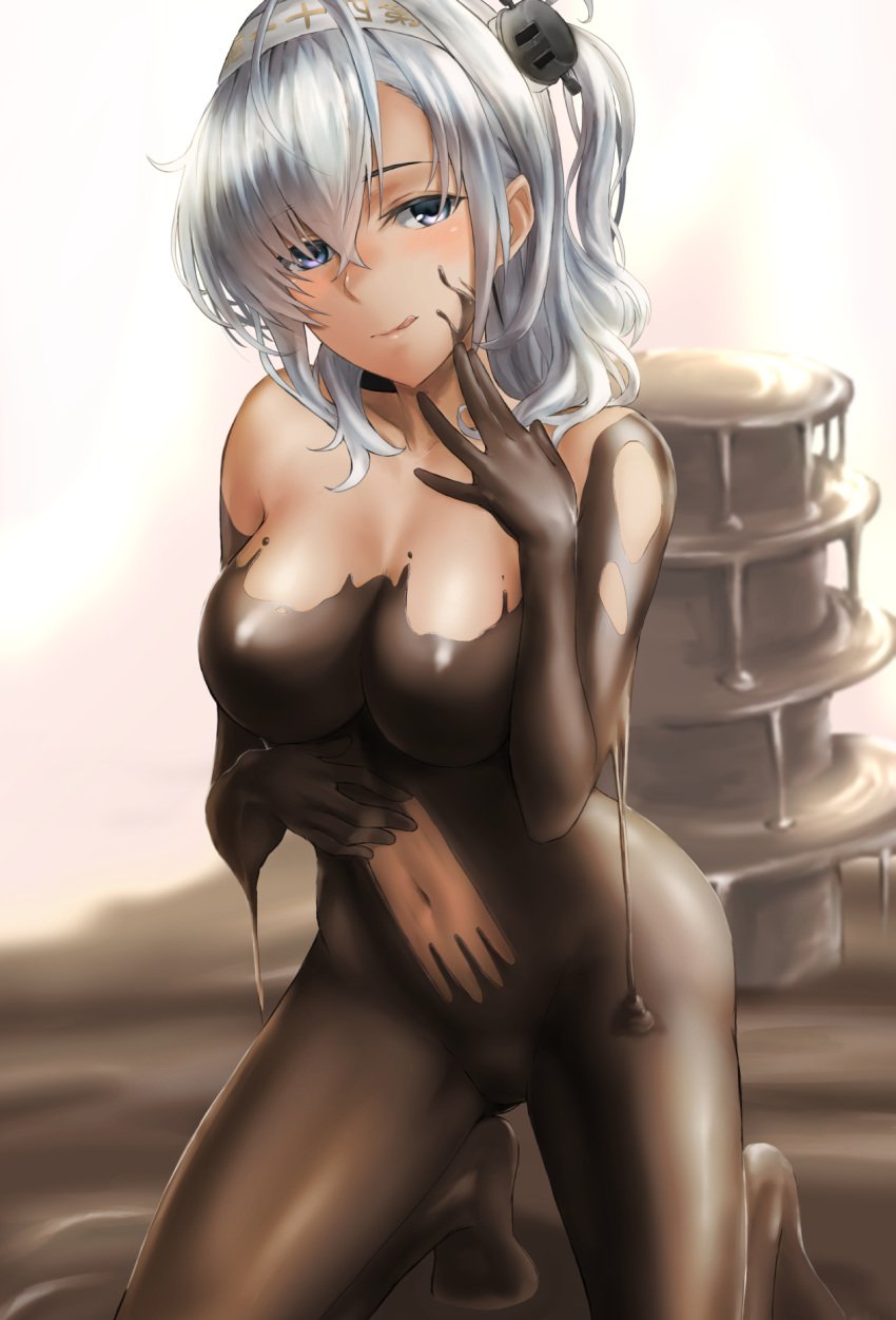 1girls bangs big_breasts blue_eyes blush breasts chocolate chocolate_on_body chocolate_on_face clothes_writing female female_only food food_on_face hachimaki hair_between_eyes head_tilt headband highres kantai_collection kneeling kokuzou large_breasts licking_lips long_hair looking_at_viewer navel nude one_side_up remodel_(kantai_collection) sidelocks silver_hair solo solo_female suzutsuki_(kantai_collection) tongue tongue_out