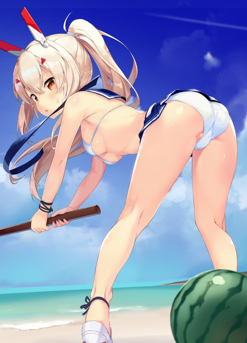 ayanami_(azur_lane) azur_lane beach bent_over bikini looking_at_viewer sekisei solo tagme