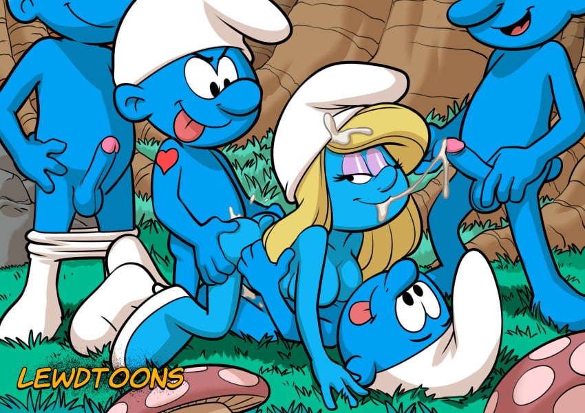 1girls all_fours bent_over blonde_hair blue_skin cartoonporn cum cum_in_ass cum_in_mouth cum_in_pussy cum_on_face cum_on_hair doggy_style from_behind smurfette tagme the_smurfs