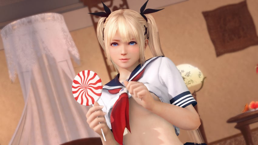 3d blonde_hair blue_eyes covered_nipples covering covering_breasts dead_or_alive dead_or_alive_xtreme_beach_volleyball flat_chest flat_chested hand_on_breast lifted lifted_by_self lifted_shirt light-skinned_female lollipop looking_at_viewer marie_rose no_bra sailor_collar sailor_uniform seifuku small_breasts smile smiling twintails uniform x-kx_(artist) young