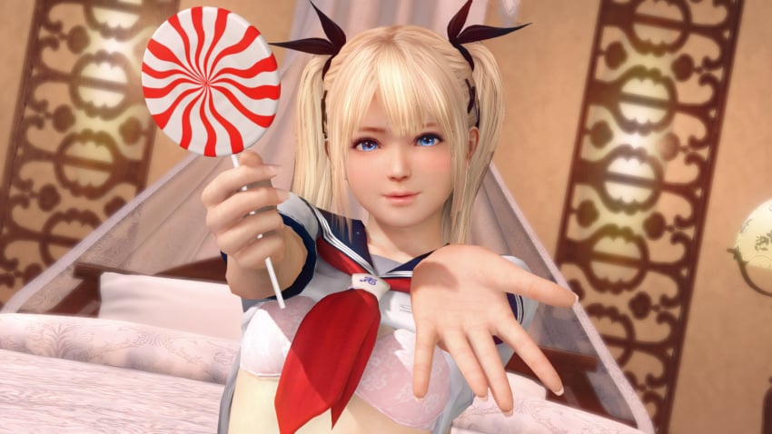 3d blonde_hair blue_eyes bra dead_or_alive dead_or_alive_xtreme_beach_volleyball flat_chest flat_chested lifted lifted_by_self lifted_shirt light-skinned_female lollipop looking_at_viewer marie_rose pink_bra sailor_collar sailor_uniform seifuku small_breasts smile smiling twintails uniform x-kx_(artist) young