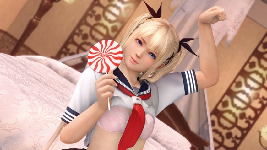 3d blonde_hair blue_eyes bra dead_or_alive dead_or_alive_xtreme_beach_volleyball flat_chest flat_chested lifted lifted_by_self lifted_shirt light-skinned_female lollipop looking_at_viewer marie_rose pink_bra sailor_collar sailor_uniform seifuku small_breasts smile smiling twintails uniform x-kx_(artist) young